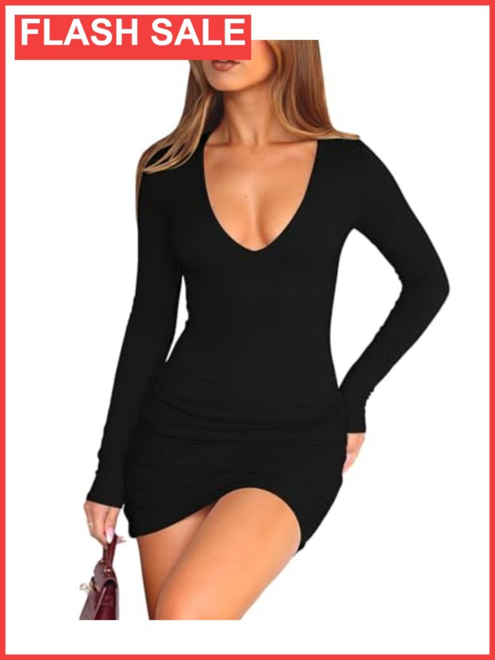 Women Long Sleeve Bodycon Mini Dress Deep V Neck Ruched Club Party Dress
